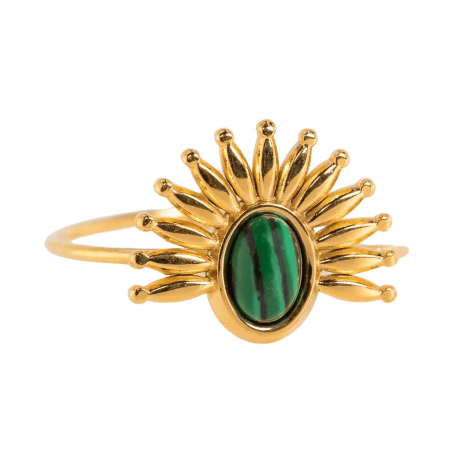 Gold ring with a green gemstone on a white background