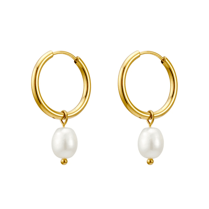 Gold hoop earrings with white pearls on a white background