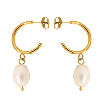 Gold hoop earrings with pearl charms on a white background