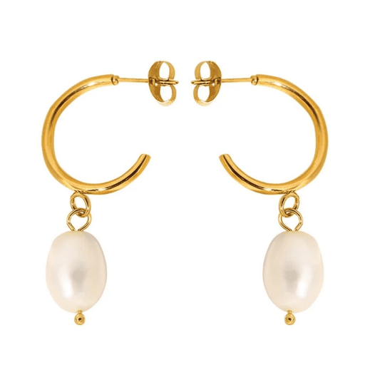 Gold hoop earrings with pearl charms on a white background