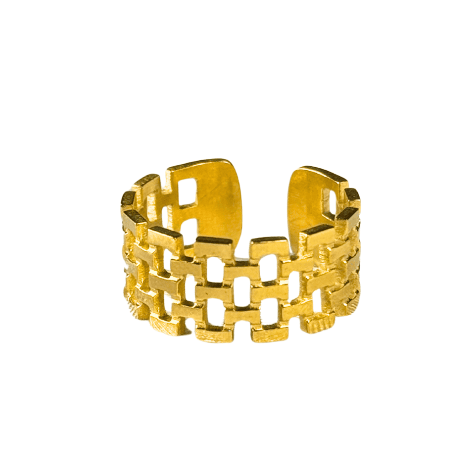 Gold bracelet with geometric design on a white background