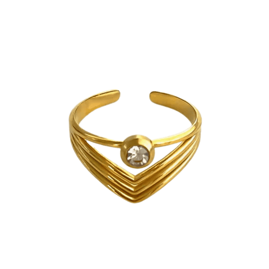 Gold ring with a central gemstone on a white background