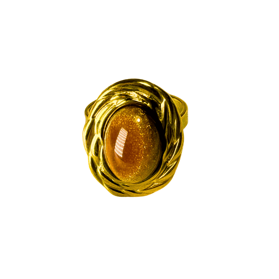 Gold ring with a brown stone on a white background