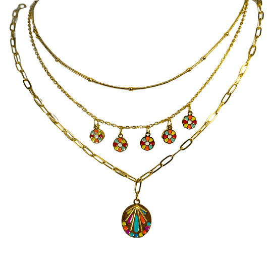 18K Gold Plated Colorful Enamel Necklace Set - Bali (3-Piece Layering)