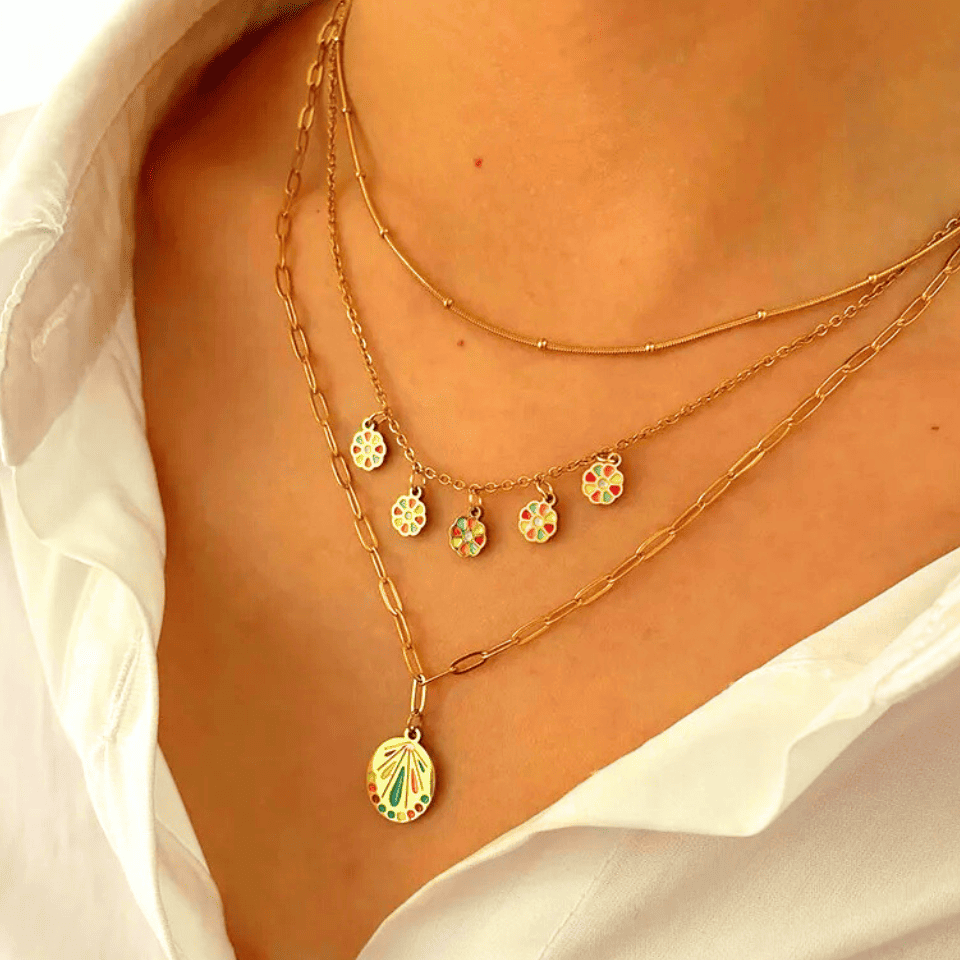 18K Gold Plated Colorful Enamel Necklace Set - Bali (3-Piece Layering)
