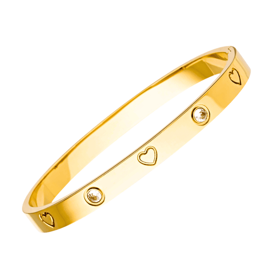 18K Gold Plated Crystal & Heart Hinged Bangle - Masha (Waterproof)