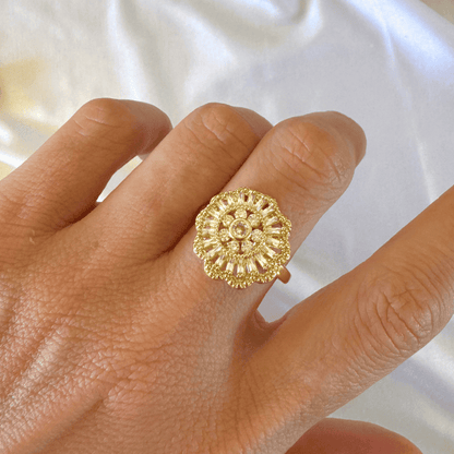 Gold ring with intricate design on a person's finger against a white background