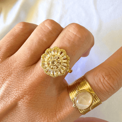 Gold ring with floral design on a hand against a white background