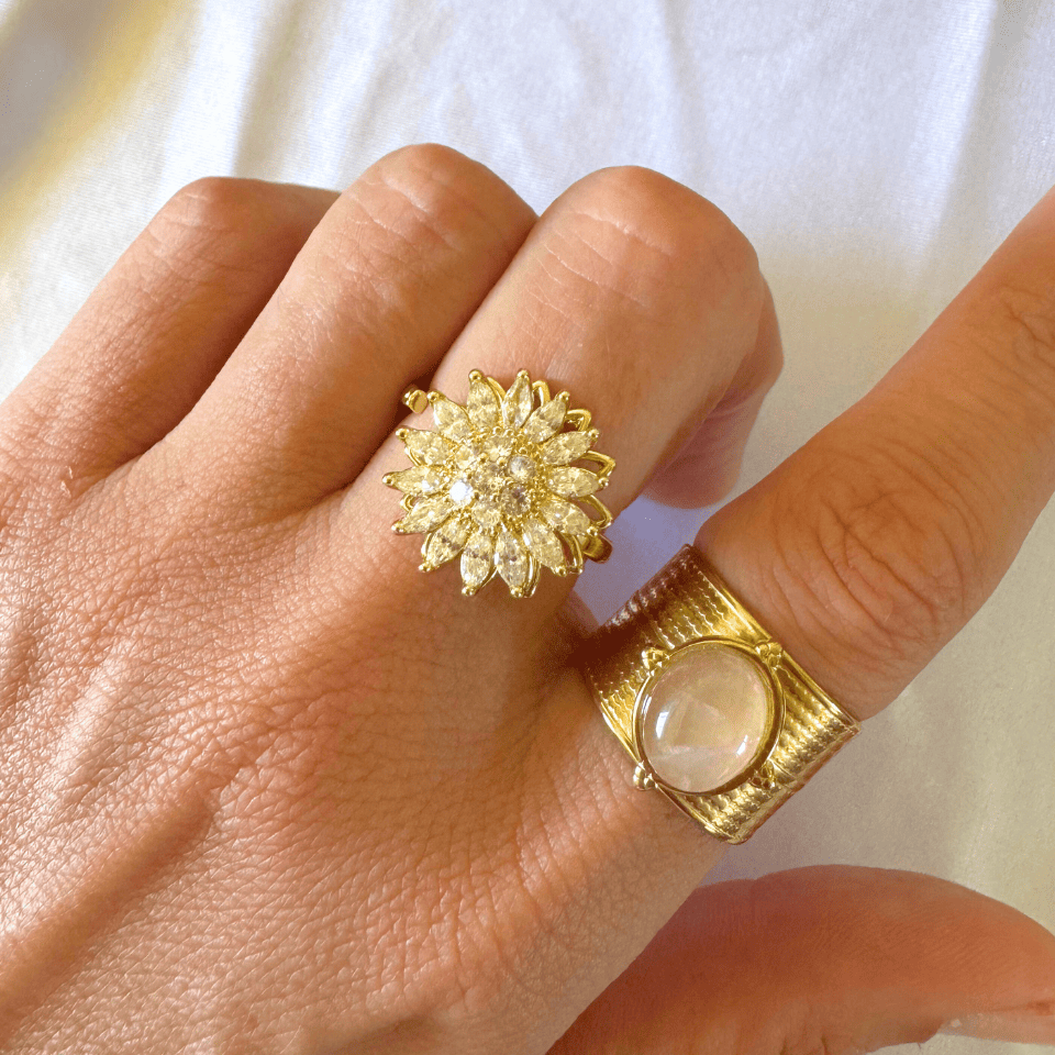 Gold ring with a floral design on a hand against a white background