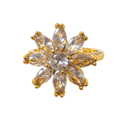 Gold ring with clear gemstones on a white background