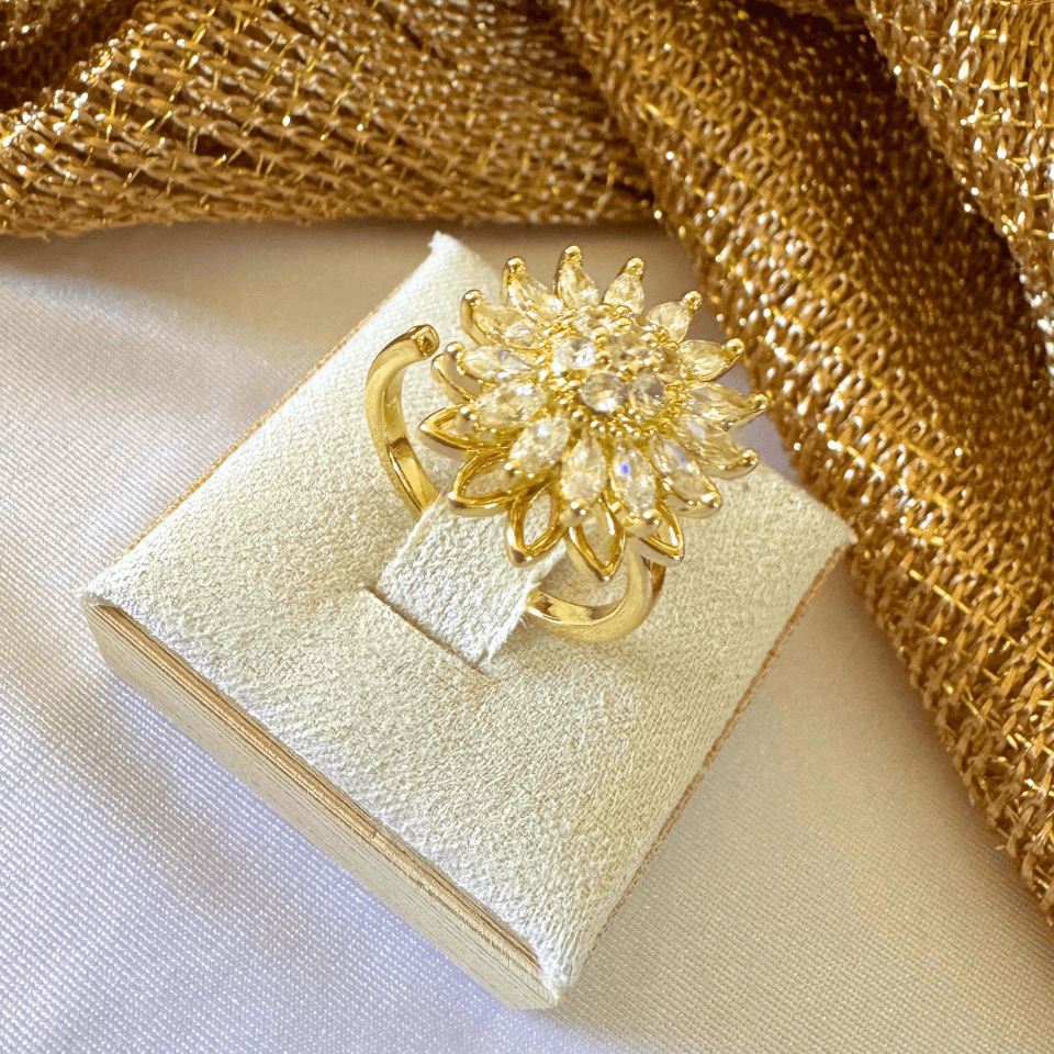 Gold ring with floral design on a white box, surrounded by gold fabric