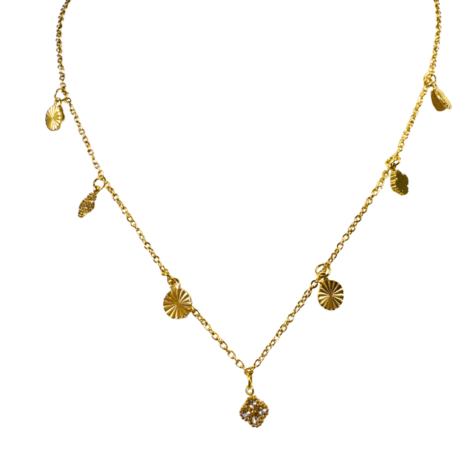 Gold necklace with various pendants on a white background