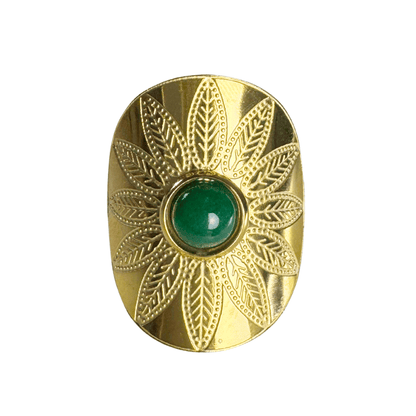 Gold decorative object with a green gemstone on a white background
