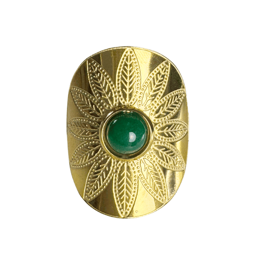 Gold decorative object with a green gemstone on a white background