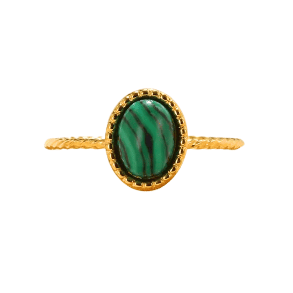 Gold ring with a green stone on a white background