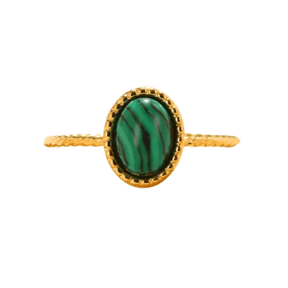 Gold ring with a green stone on a white background