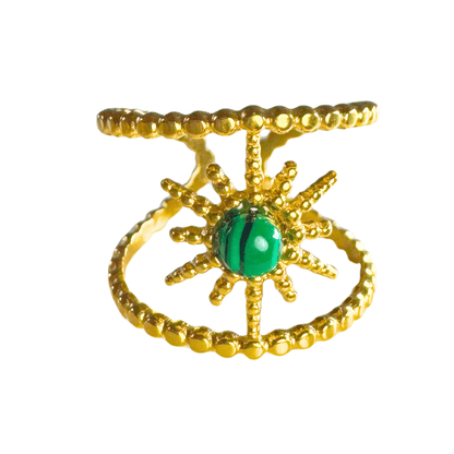 Gold ring with a green gemstone on a white background