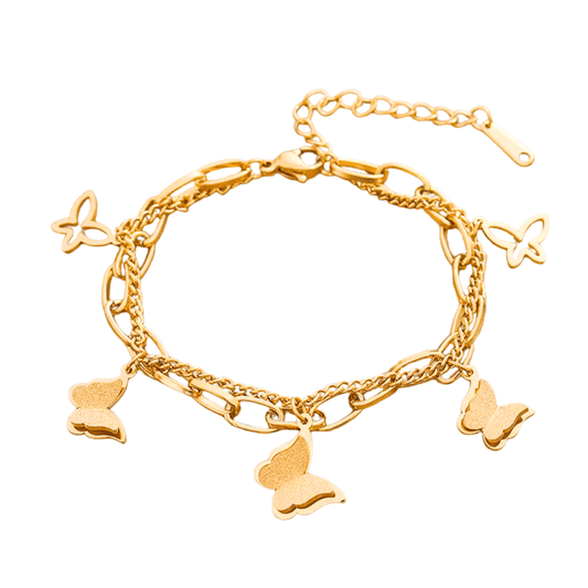 Gold bracelet with butterfly charms on a white background