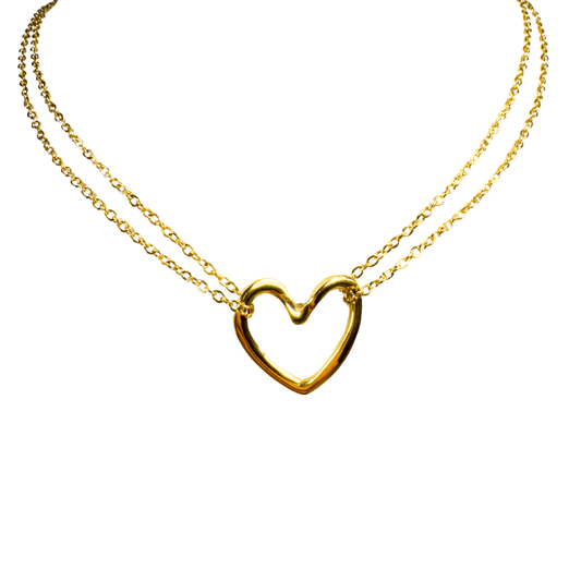 Gold heart-shaped necklace on a white background