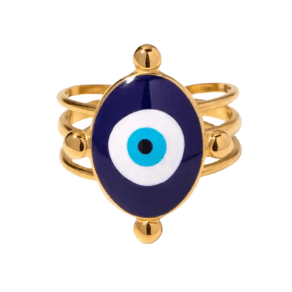 Gold ring with a blue evil eye design on a white background