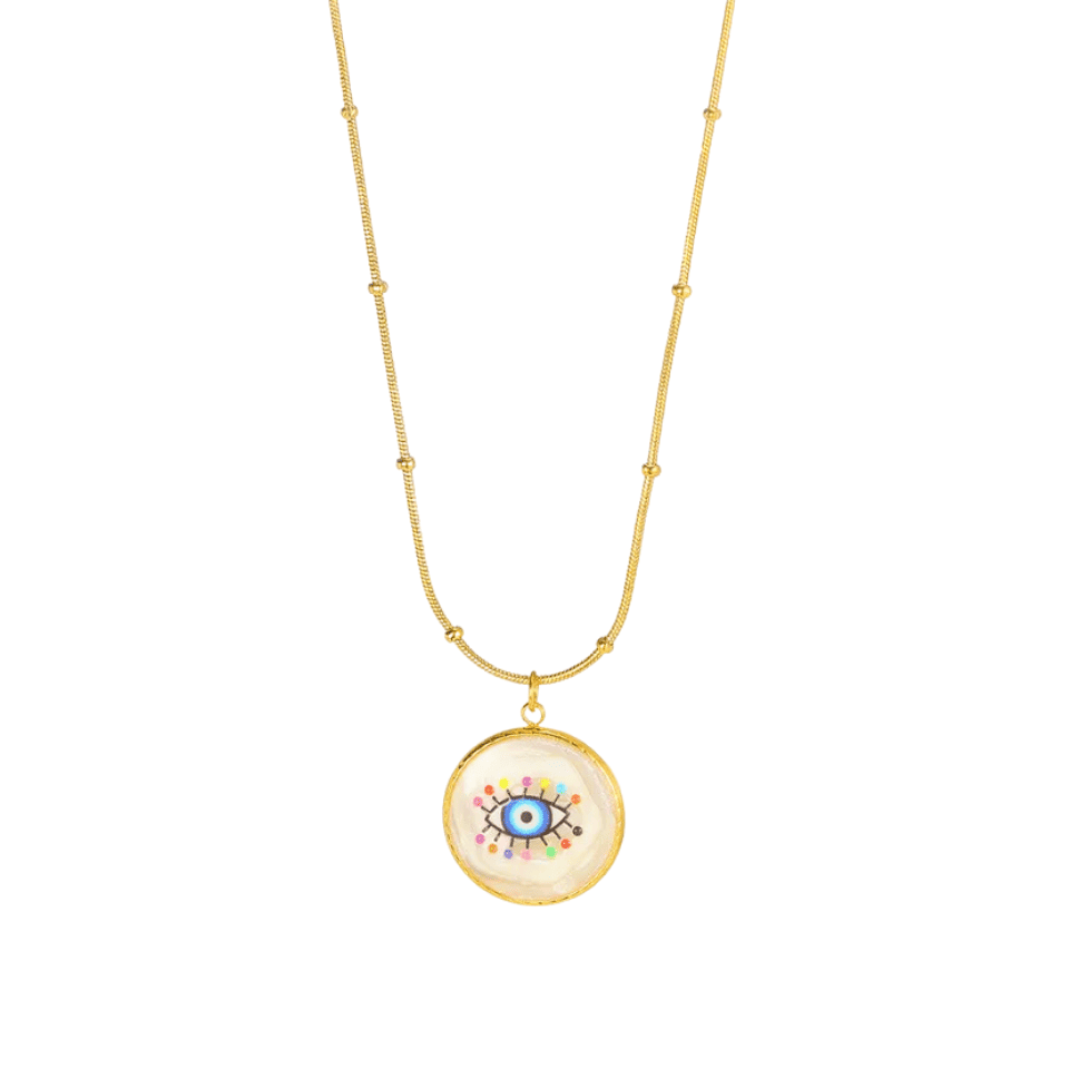 Necklace with a round pendant featuring an eye design on a white background