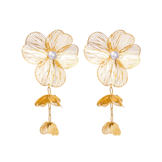 Gold flower-shaped earrings with pearl centers on a white background