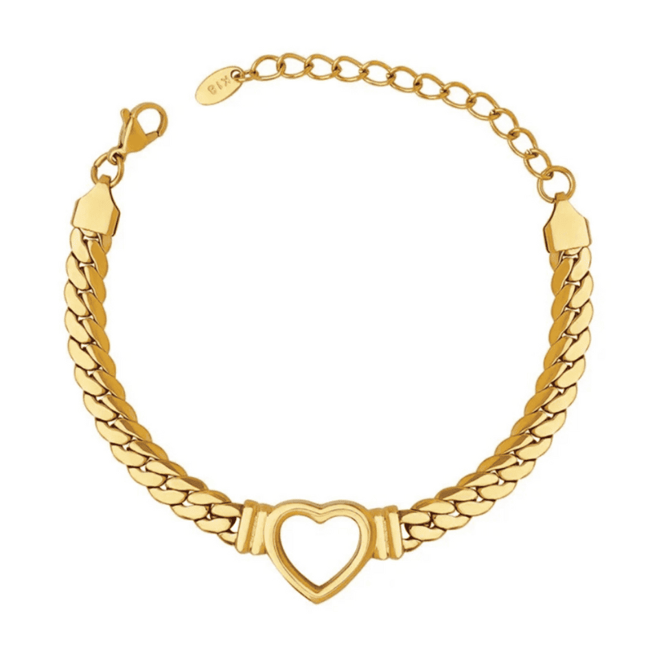 Gold chain bracelet with a heart-shaped clasp on a white background
