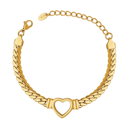 Gold chain bracelet with a heart-shaped clasp on a white background