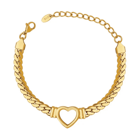 Gold chain bracelet with a heart-shaped clasp on a white background