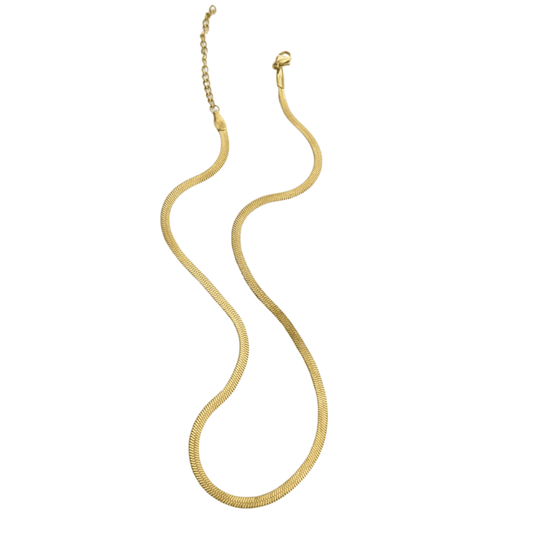 Gold snake chain necklace on a white background