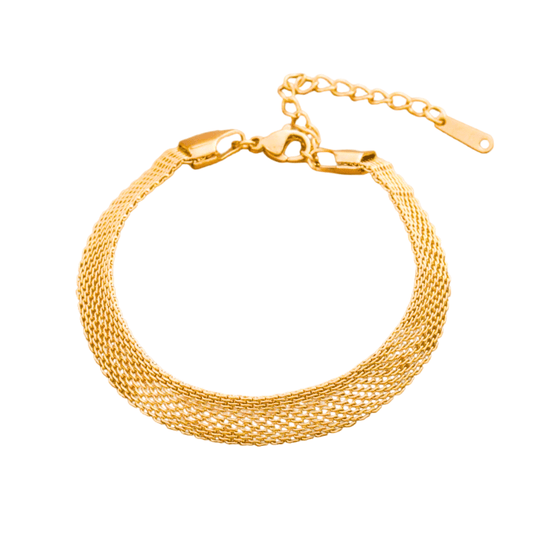 Gold bracelet with a chain link design on a white background