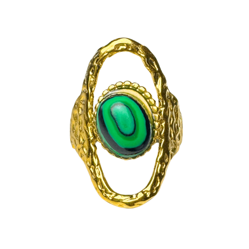 Gold ring with a green gemstone on a white background