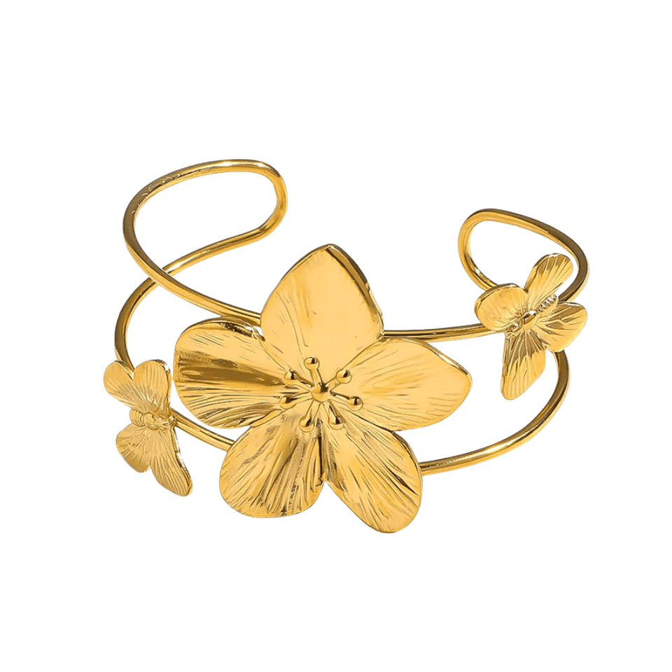 Gold floral bracelet on a white background