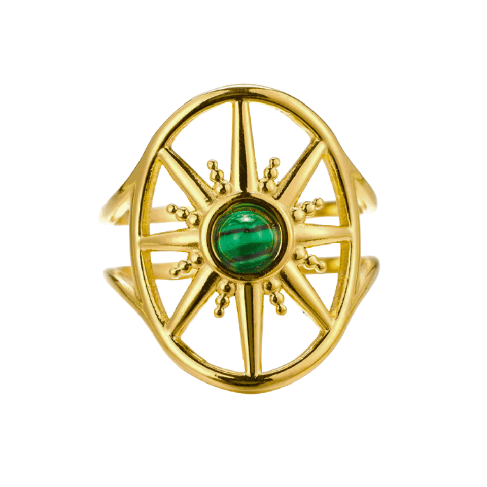 Gold ring with a green gemstone on a white background