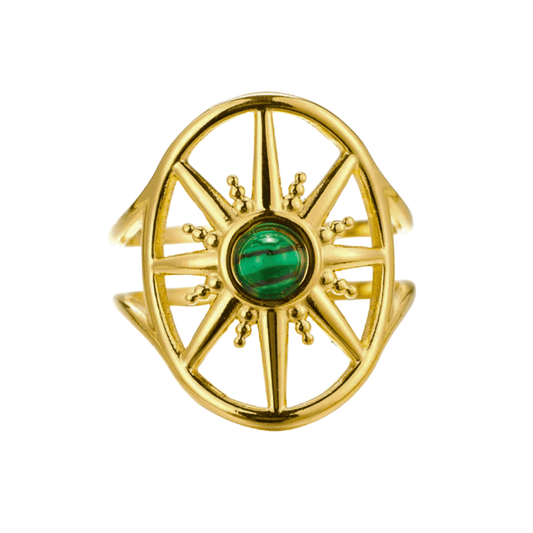 Gold ring with a green gemstone on a white background