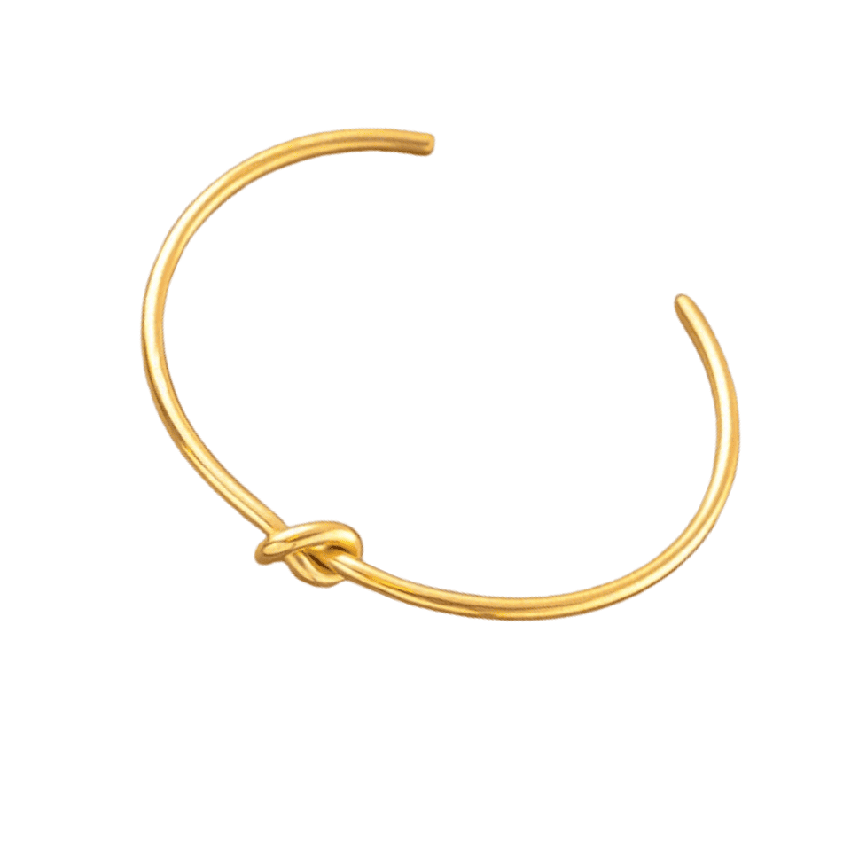 Gold hoop earring with a knot design on a white background