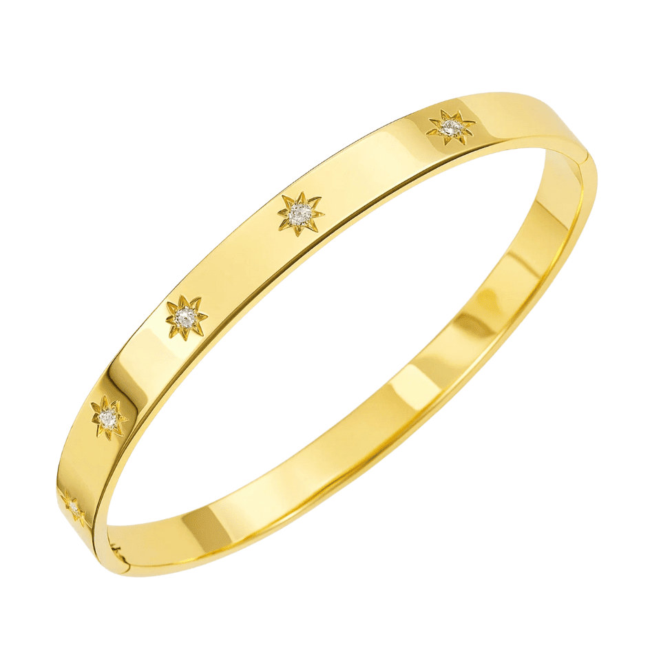 Gold bracelet with star-shaped diamond cutouts on a white background