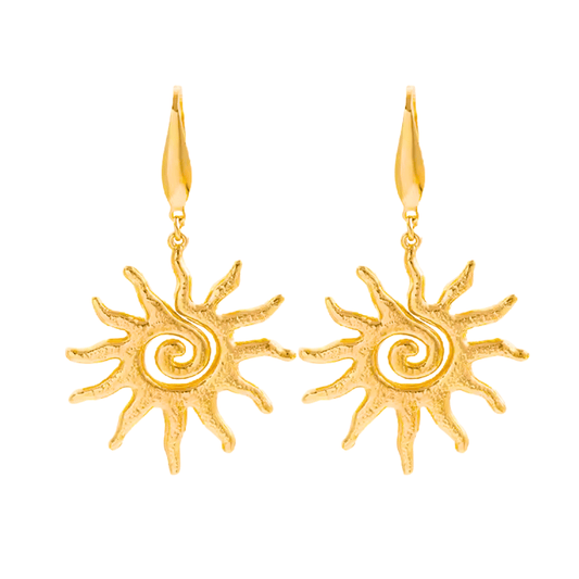 Gold sun-shaped earrings on a white background