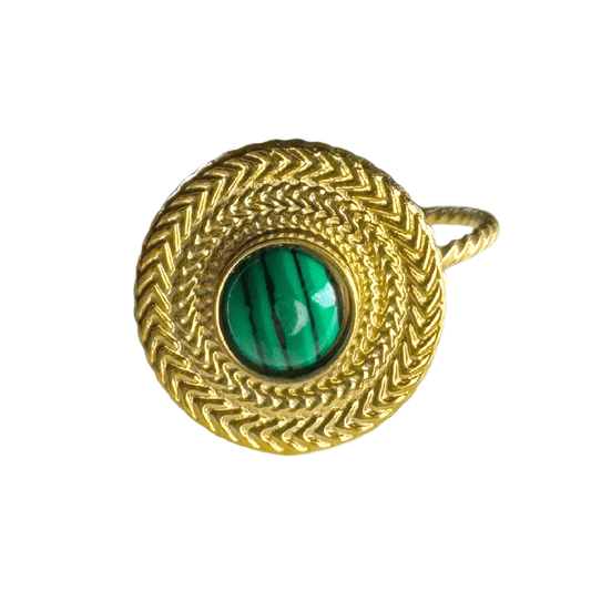 Gold pendant with a green stone on a white background