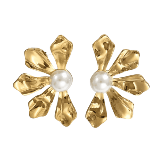 Gold flower-shaped earrings with pearl centers on a white background