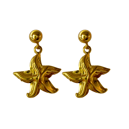 Gold starfish-shaped earrings on a white background