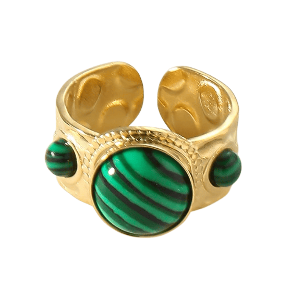 Gold ring with green stone on a white background
