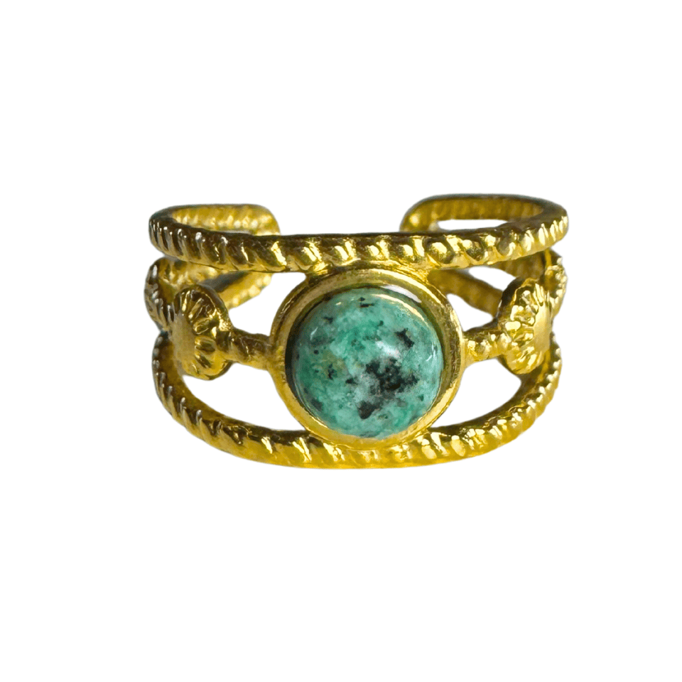 Gold ring with a turquoise stone on a white background