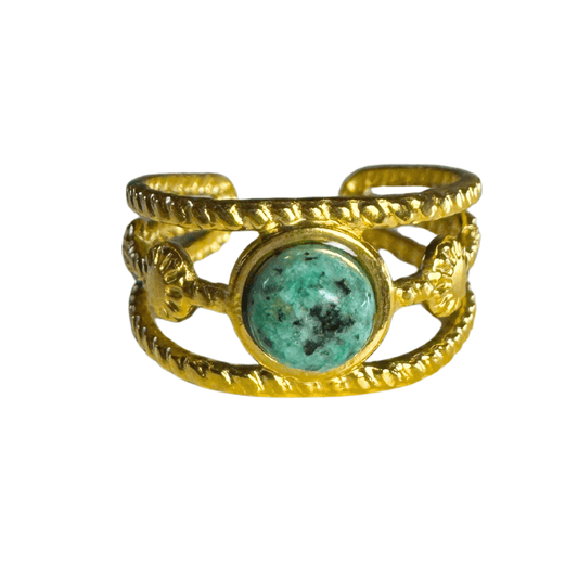 Gold ring with a turquoise stone on a white background