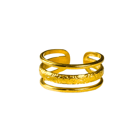 Gold open ring with textured design on a white background
