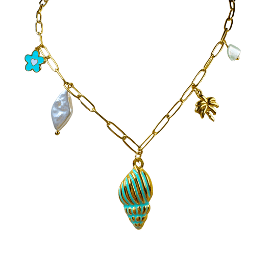 Gold necklace with turquoise shell pendant and leaf charm on a white background