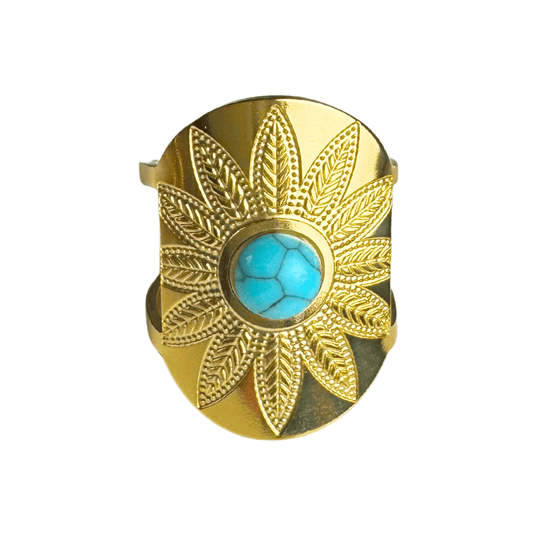 Gold ring with turquoise stone on a white background