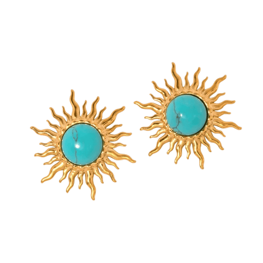 Sun-shaped earrings with turquoise stones on a white background
