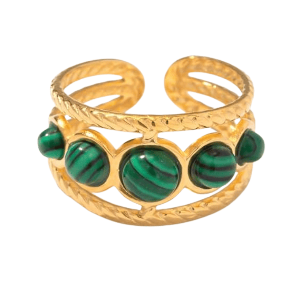 Gold ring with green gemstones on a white background