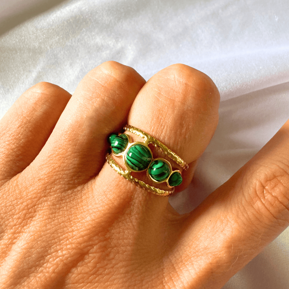 Gold ring with green gemstones on a hand against a white background